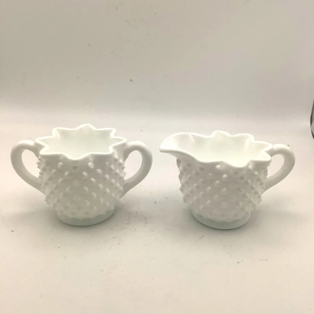 White Hobnail Milk Glass Creamer and Sugar Set